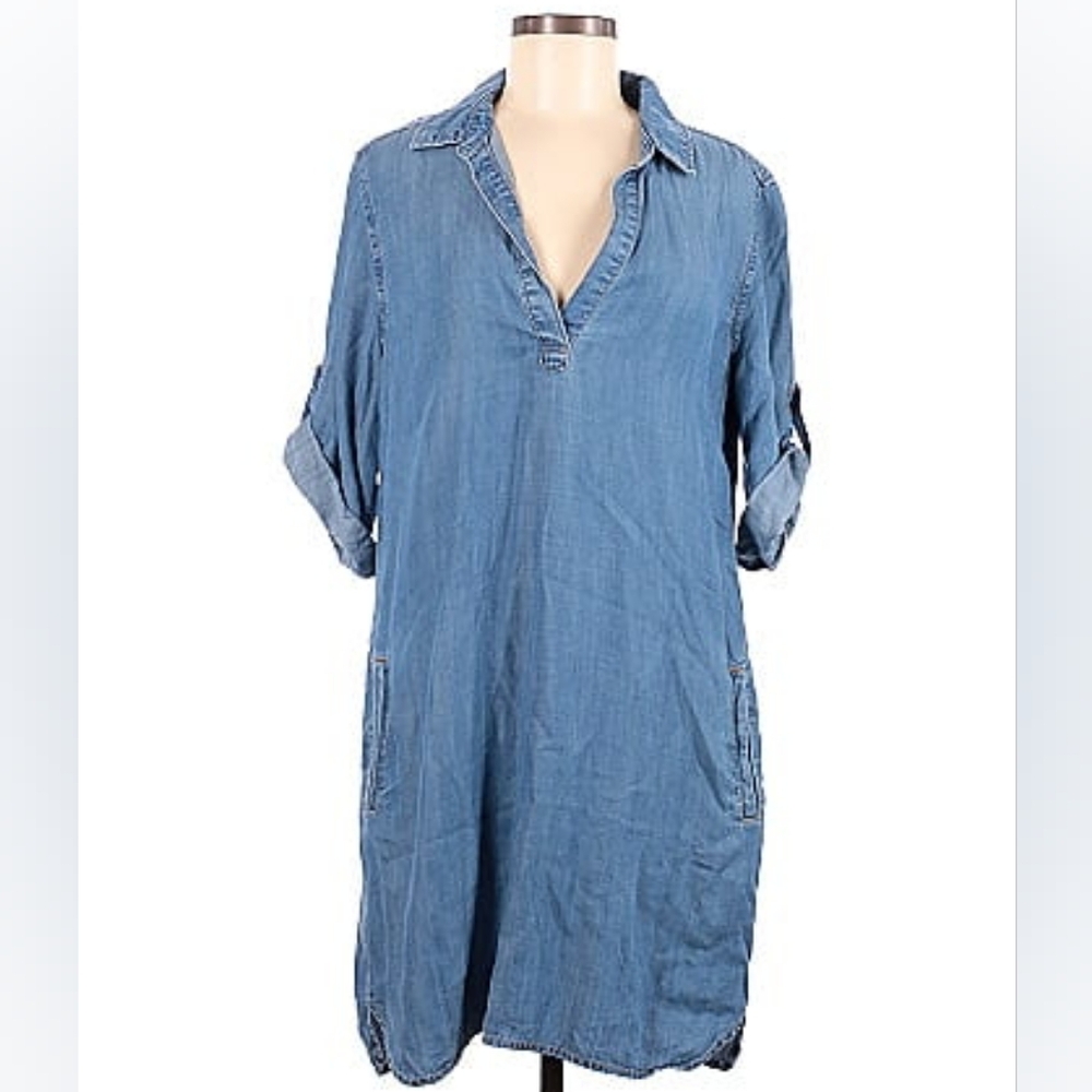 Velvet Heart Shirtdress Roll-Tab/Long Sleeve Pockets Hi-Low Soft Relaxed Size M